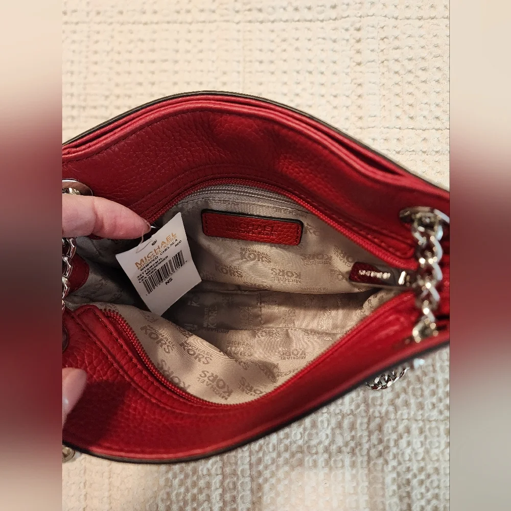 Michael Kors Whipped Chelsea Red Leather Bag with Tassel Silver $328 NEW